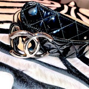 Authentic Chanel Black Quilted Patent Leather CC Silver Buckle Belt 90cm/36